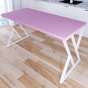 Стол кухонный Loft со столешницей розового цвета из массива сосны 40 мм и белыми металлическими Z-образными ножками, 140х70х75 см