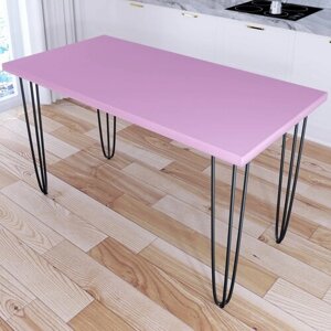 Стол кухонный Loft со столешницей розового цвета из массива сосны 40 мм на черных металлических ножках-шпильках, 130х75х75 см