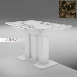 Стол обеденный Троя белый камень +белый мрамор ЛДСП/МДФ с ручным механизмом , фотопечатью, закаленным стеклом, для кухни, столовой, дома 1240(1540)х750х760 игни