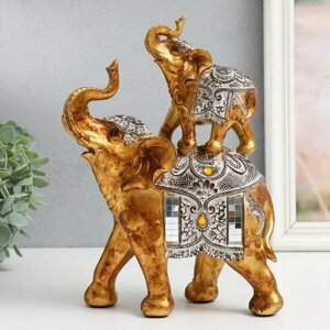 Сувенир полистоун "Слон со слонёнком на спине - попона с узорами и янтарём" 18.5х9х25.5 см