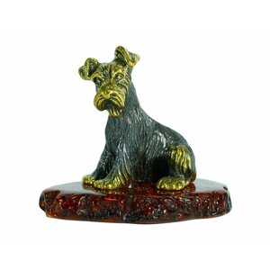 Сувенир собака Шнауцер из латуни и прессованного янтаря.