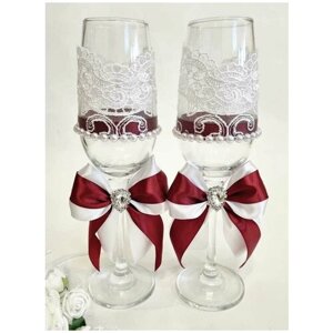 Свадебные бокалы молодоженов "Люкс" в цвете марсала/ фужеры для шампанского/ набор 2 шт