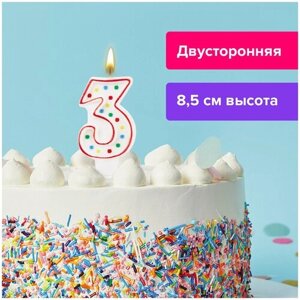 Свеча-цифра для торта "3" двусторонняя с конфетти, 8,5 см, золотая сказка, держатель, блистер, 591396