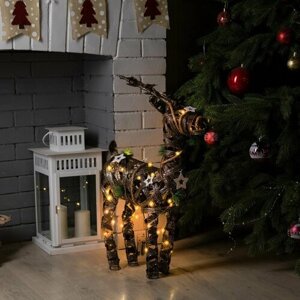 Светодиодная фигура "Чёрный олень" светящийся, декоративное каркасное интерьерное украшение, праздничное освещение на Новый год, новогодняя фигурка с подсветкой, металл, текстиль, батарейки ААх2 (не в комплекте),