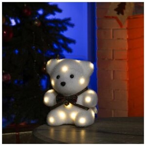 Светодиодная фигура «Медведь с бантиком» 12 20 7 см, флок, батарейки CR2032х2 (не в комплекте), свечение тёплое белое