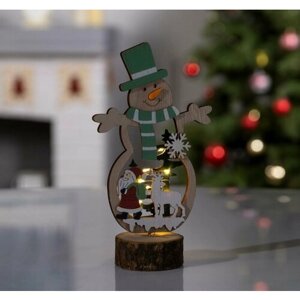 Светодиодная фигура "Снеговик" 12 * 18 * 6 см, дерево, батарейки CR2032х1, свечение тёплое белое