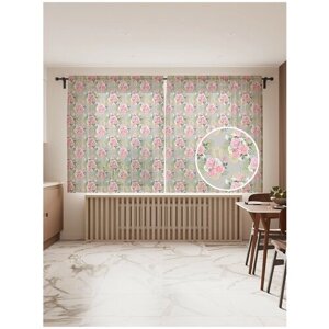 Тюль для кухни и спальни JoyArty "Большие розовые букеты", 2 полотна со шторной лентой шириной по 145 см, высота 180 см.