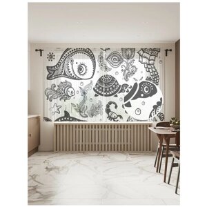Тюль для кухни и спальни JoyArty "Узорчатый морской мир", 2 полотна со шторной лентой шириной по 145 см, высота 180 см.