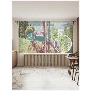 Тюль для кухни и спальни JoyArty "Велосипед с цветами на лугу", 2 полотна со шторной лентой шириной по 145 см, высота 180 см.