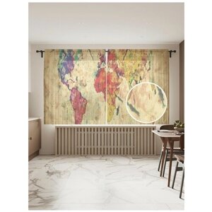 Тюль для кухни и спальни JoyArty "Винтажная картография", 2 полотна со шторной лентой шириной по 145 см, высота 180 см.