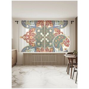 Тюль для кухни и спальни JoyArty "Восточный четырехлистник", 2 полотна со шторной лентой, 145x180 см.