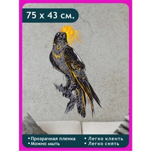Виниловая наклейка для интерьера "Черный ворон и солнце / хищная птица на дереве / крылья и когти"