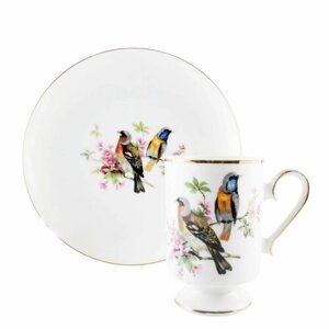 Винтажная чайная пара "Птицы и цветы"Фарфор, деколь, золочение. Вторая половина ХХ века.