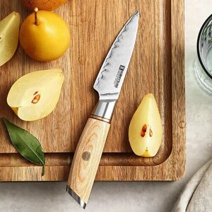 Японский кухонный нож для овощей Kimatsugi Yorokobi Дамасская сталь 3 слоя. VG-10 в обкладках. Длина лезвия 9 см. В подарочной коробке