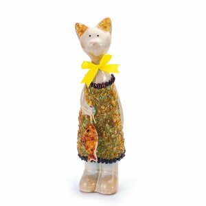 Забавная керамическая фигурка с натуральным янтарём "Кошка с рыбой"