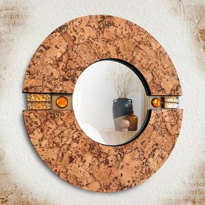 Зеркало настенное в раме из португальского пробкового дерева. Круглое зеркало 20см, рама 40см. 100% натуральные материалы. Авторский дизайн.