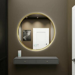 Зеркало с подсветкой настенное, контражурная подсветка, круглое зеркало рама под латунь 60х60 см, декор и интерьер, для ванной