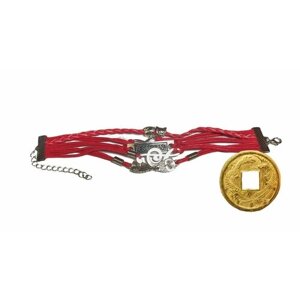 Браслет-талисман плетеный из ткани с украшениями из металла (красный) + монета "Денежный талисман"