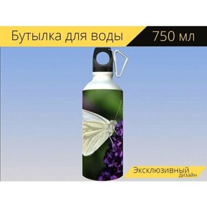 Бутылка фляга для воды "Бабочка, цветы, опыление" 750 мл. с карабином и принтом