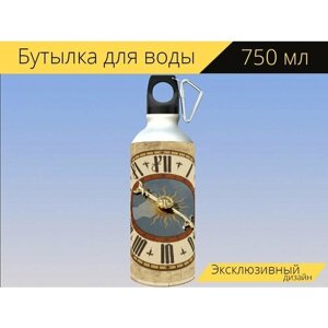 Бутылка фляга для воды "Часы, циферблат, время" 750 мл. с карабином и принтом