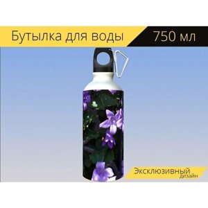 Бутылка фляга для воды "Цветы, фиолетовый, природа" 750 мл. с карабином и принтом