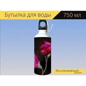 Бутылка фляга для воды "Душистый горошек, цветы, сад" 750 мл. с карабином и принтом