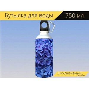 Бутылка фляга для воды "Гортензия, цветы" 750 мл. с карабином и принтом