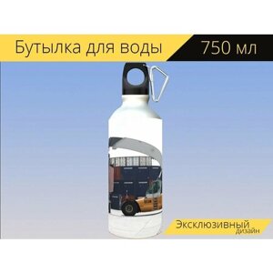 Бутылка фляга для воды "Грузовик кран, контейнеры, порт" 750 мл. с карабином и принтом