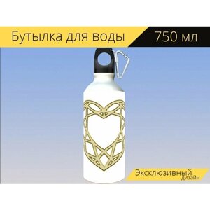 Бутылка фляга для воды "Сердце, золотой, золото" 750 мл. с карабином и принтом