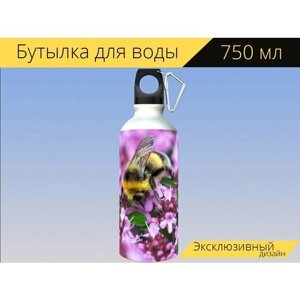 Бутылка фляга для воды "Шмель, цветочная пыльца, опыление" 750 мл. с карабином и принтом