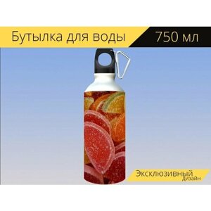 Бутылка фляга для воды "Сладости, фруктовая жевательная резинка, цитрусовые" 750 мл. с карабином и принтом