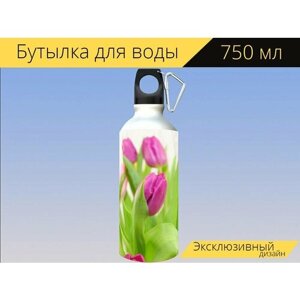 Бутылка фляга для воды "Тюльпаны, фиолетовый, цветок" 750 мл. с карабином и принтом