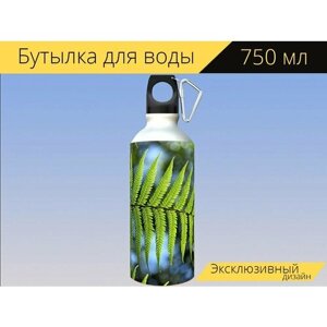 Бутылка фляга для воды "Зеленый, папоротник, листья" 750 мл. с карабином и принтом