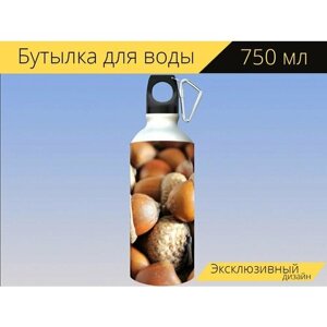 Бутылка фляга для воды "Желуди, семена, дуб" 750 мл. с карабином и принтом