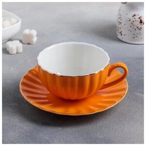 Чайная пара фарфоровая Доляна «Вивьен», 2 предмета: чашка 200 мл, блюдце d=15 см, цвет оранжевый