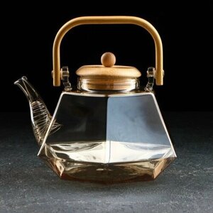 Чайник стеклянный заварочный с бамбуковой крышкой и металлическим фильтром "Октогон", 1,5 л, цвет золотой