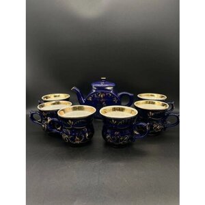 Чайный набор на 6 персон, украшенный кобальтом и растительным декором, фарфор
