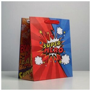 Дарите Счастье Пакет подарочный крафтовый вертикальный, упаковка, «Супер герой», ML 23 х 27 х 11.5 см