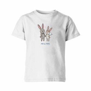 Детская футболка «Зайцы и любовь. Подарок на свадьбу. Жених. Невеста»152, белый)