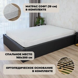 Двуспальная кровать без изголовья Альба Экокожа Черная с матрасом Софт (19 см), 160х200 см