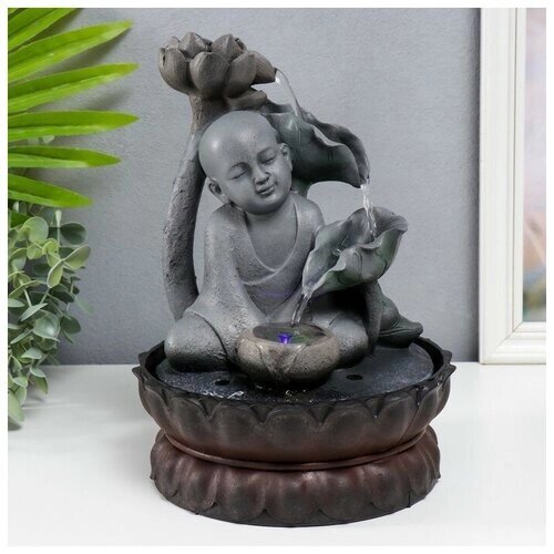 Фонтан настольный от сети, подсветка "Маленький будда с лотосом" серый 29х20х20 см