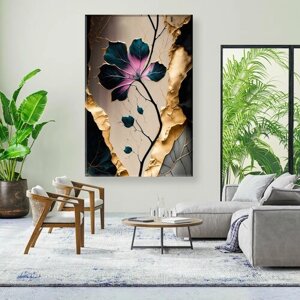 Интерьерная картина на холсте абстракция "Декоративный цветок с золотистыми листьями" 40х60 см