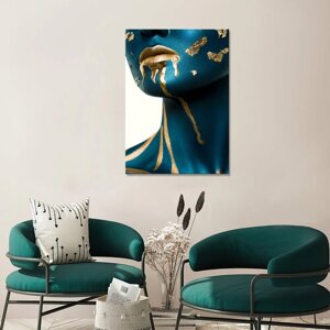 Интерьерная картина на холсте - Девушка в синей краске со вставками из золота40х60
