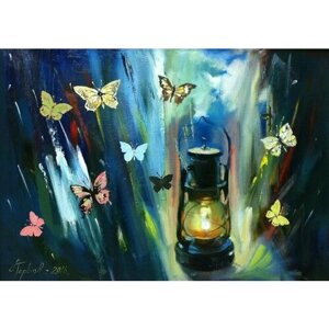 Картина "Лампа и бабочки", 50х70 см; холст, масло; авторская работа
