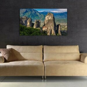 Картина на холсте 60x110 LinxOne "Греция монастырь скалы" интерьерная для дома / на стену / на кухню / с подрамником