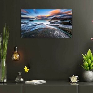 Картина на холсте 60x110 LinxOne "Море камни горы природа синева" интерьерная для дома / на стену / на кухню / с подрамником