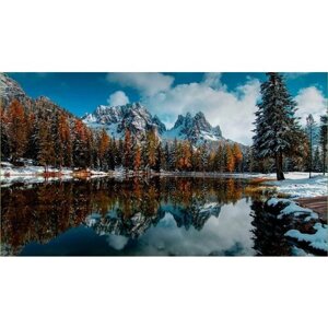 Картина на холсте 60x110 LinxOne "Озеро осень пейзаж горы зима" интерьерная для дома / на стену / на кухню / с подрамником