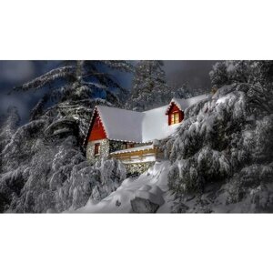 Картина на холсте 60x110 LinxOne "Природа дом снег деревья зима" интерьерная для дома / на стену / на кухню / с подрамником