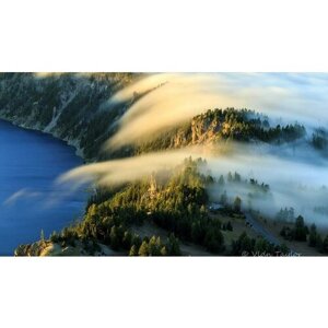 Картина на холсте 60x110 LinxOne "Природа туман озеро лес утро" интерьерная для дома / на стену / на кухню / с подрамником