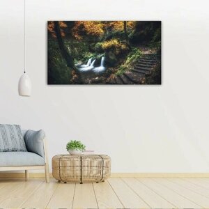 Картина на холсте 60x110 LinxOne "Река осень лес водопад природа" интерьерная для дома / на стену / на кухню / с подрамником